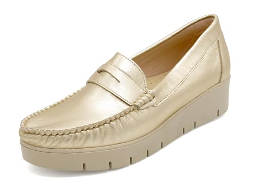 Casual Damen Schlupfschuhe Leder Loafer mit Absatz Mokassins Slipper mit Keilabsatz metallic Gold 38 von Casual