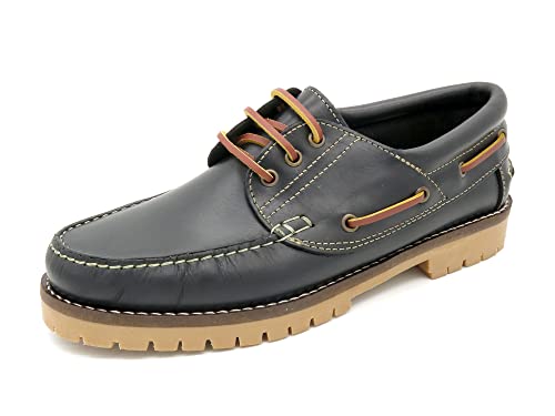 Casual Herren Bootsschuhe Leder Segelschuhe Dicke Sohle Rahmengenähte Echtleder Schnürsenkel Mokassin Schwarz Größe 41 EU von Casual