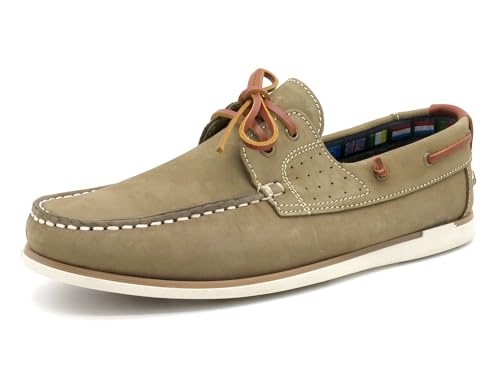 Casual Herren Bootsschuhe Taupe Beige Nubuk Leder Segelschuhe Goodyear Rahmengenäht Echtleder Schnürsenkel Mokassin Deckschuhe Größe 43 EU von Casual