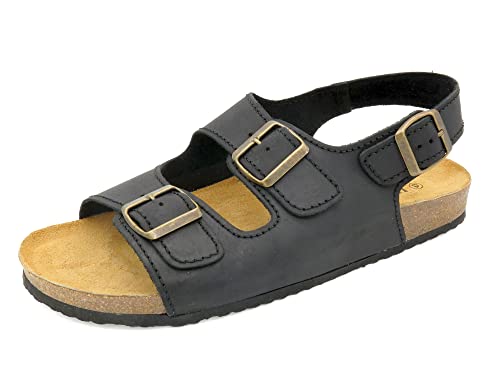 Casual Herren Pantoletten Echtleder Fettleder Sandalen mit Fersenriemchen Leder Fußbett Korksohle Komfort Hausschuhe Korkschuhe schwarz 41 von Casual