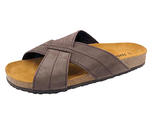 Casual Herren Pantoletten mit Fußbett Korksohle Leder Sandalen Echtleder Hausschuhe Nubuk flach offen Braun 45 von Casual