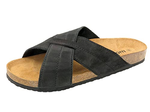 Casual Herren Pantoletten Leder Sandalen mit Fußbett Echtleder Korksohle Hausschuhe Nubuk flach offen Schwarz 40 von Casual