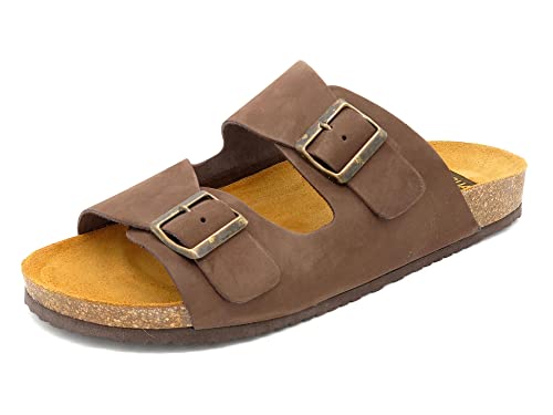 Casual Herren Pantoletten Nubuk Leder Fußbett Sandalen 39-47 Echtleder Zwei-Riemchen Hausschuhe offen Braun Größe 39 EU von Casual