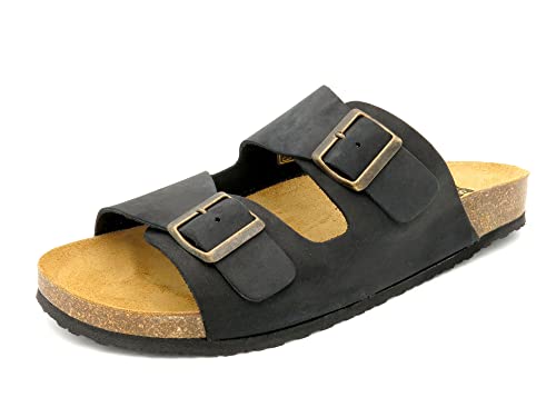 Casual Herren Pantoletten Nubuk Leder Fußbett Sandalen 39-47 Echtleder Zwei-Riemchen Hausschuhe offen Schwarz Größe 39 EU von Casual