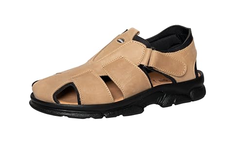 Casual Wandersandalen Herren Echt Leder Trekkingsandalen Outdoor Freizeitschuhe Klettverschluss vorn geschlossen Gepolstertes Gel Fußbett (Beige, EU Schuhgrößensystem, Erwachsene, Numerisch, M, 45) von Casual