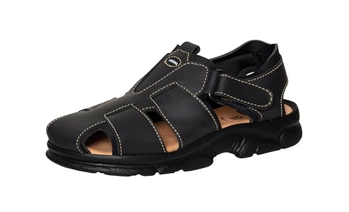 Casual Wandersandalen Herren Echt Leder Trekkingsandalen Outdoor Freizeitschuhe Klettverschluss vorn geschlossen Gepolstertes Gel Fußbett (Schwarz, EU Schuhgrößensystem, Erwachsene, Numerisch, M, 45) von Casual