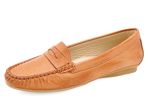 Damen Mokassins Leder Sommer Schuhe Loafer Echtleder Komfort Schlupfschuhe Cognac braun 40 von Casual