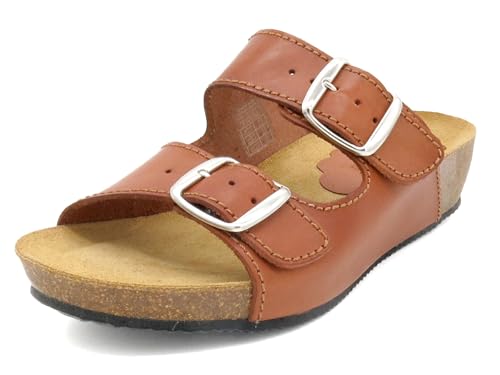 Damen Pantoletten Leder Keilabsatz Sandalen Echtleder Fußbett Korksohle Keilsandalen gepolstert Braun 39 von Casual