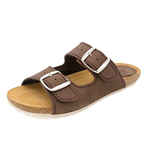 Damen Pantoletten Nubuk Leder Sandalen mit Echtleder Fußbett & Korksohle Korkschuhe Gel gepolstert Gaucho-Brown Braun Größe 37 EU von Casual