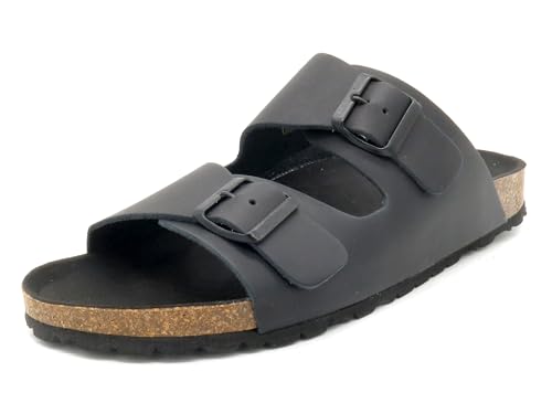 Herren Pantoletten Leder schwarz Flache Sandalen Korksohle Echtleder Hausschuhe Kork Sandalen Microfiber Fußbett EU 46 von Casual