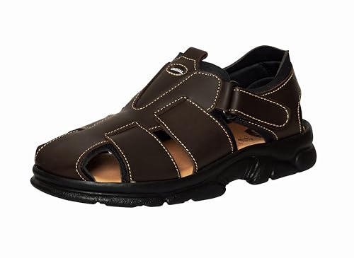 Wandersandalen Herren Echt Leder Trekkingsandalen Outdoor Freizeitschuhe Klettverschluss vorn geschlossen Gepolstertes Gel Fußbett (Braun, EU Schuhgrößensystem, Erwachsene, Herren, Numerisch, M, 47) von Casual