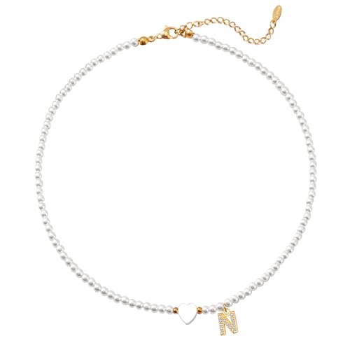 Casxyue Perlenkette Für Damen Mädchen Personalisierte Buchstaben Halskette Anfangsbuchstaben Perle Schmuck Geburtstagsgeschenk Weihnachtsgeschenke für Frauen (N) von Casxyue