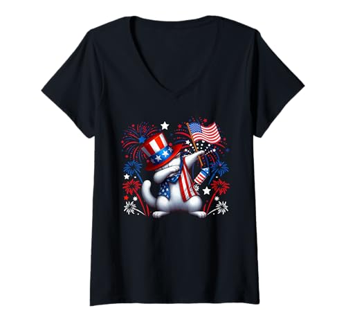 Damen Dabbing Cat 4. Juli US-Flagge Feuerwerk Patriotisches Team T-Shirt mit V-Ausschnitt von Cat 4th Of July Costume