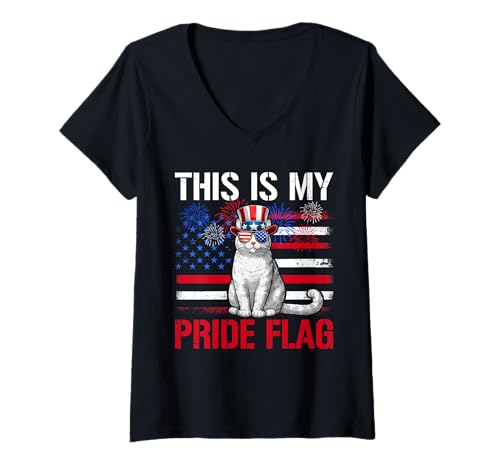Damen Pride Flag 4th July US Flag Cat Sunglasses Patriotic T-Shirt mit V-Ausschnitt Damen Pride Flag 4th July US Flag Cat Sunglasses Patriotic T-Shirt mit V-Ausschnitt von Cat 4th Of July Costume