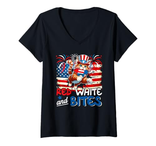Damen Red White And Bites 4th Of July US Flag Maine Coon Owner T-Shirt mit V-Ausschnitt von Cat 4th Of July Costume