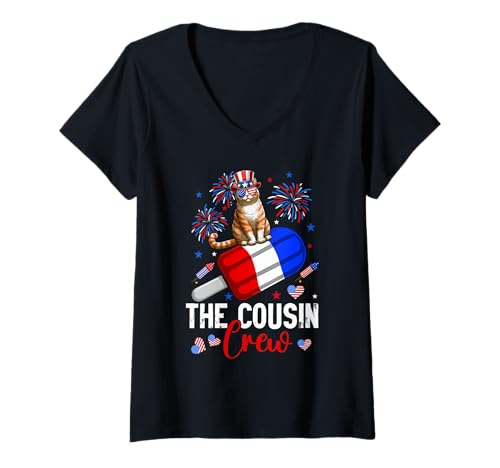 Damen The Cousin Crew 4th July US Flag Cat Riding Ice Cream T-Shirt mit V-Ausschnitt Damen The Cousin Crew 4th July US Flag Cat Riding Ice Cream T-Shirt mit V-Ausschnitt von Cat 4th Of July Costume