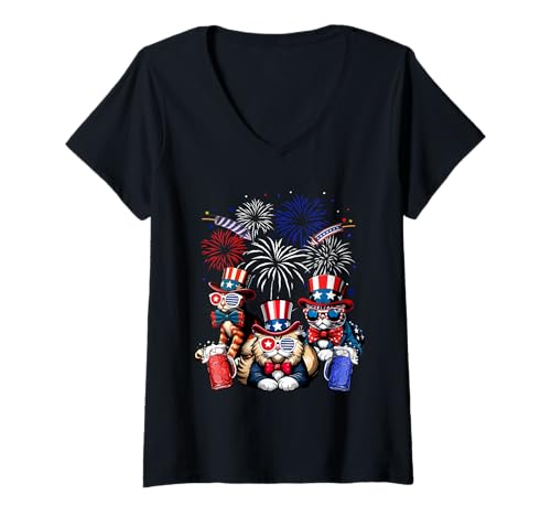 Damen Three Cute Cats Sunglasses US Flag 4th July Owner Lover T-Shirt mit V-Ausschnitt von Cat 4th Of July Costume