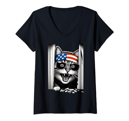 Damen Katze 4. Juli Kätzchen Tier Jungen Mädchen Männer Frauen Kinder T-Shirt mit V-Ausschnitt von Cat 4th of July USA Flag Tee Shirt tShirt Tees