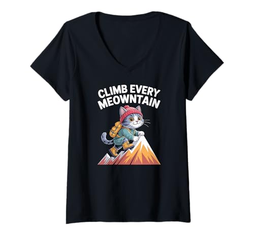Damen Erklimmen Sie jeden Katzenabenteuerspaß in den Meontain T-Shirt mit V-Ausschnitt von Cat Adventure Enthusiasts Hiking Humor