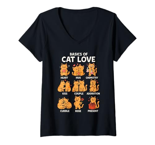 Damen Basics of Cat Love Lustige Katze Geschenke für Papa Mama Kinder T-Shirt mit V-Ausschnitt von Cat Affection Funny Cat Gifts For Dad Mom Kids Tee