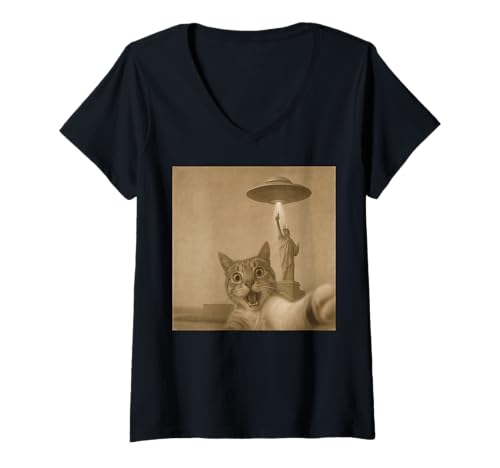 Damen Schockiertes Katzen-Selfie mit UFOs, lustige Katze, Alien, Damen, Herren, Kinder T-Shirt mit V-Ausschnitt von Cat Alien Meme Gift for Women Men and Kids