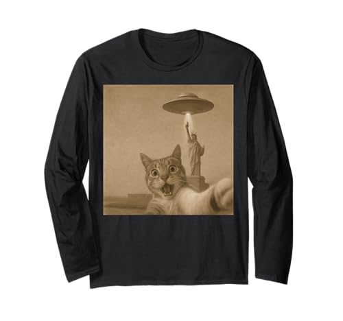 Schockiertes Katzen-Selfie mit UFOs, lustige Katze, Alien, Damen, Herren, Kinder Langarmshirt von Cat Alien Meme Gift for Women Men and Kids