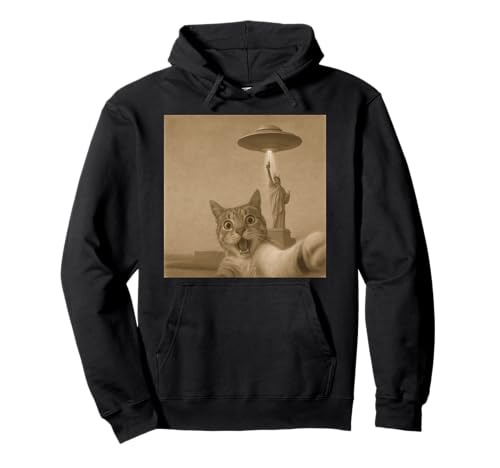 Schockiertes Katzen-Selfie mit UFOs, lustige Katze, Alien, Damen, Herren, Kinder Pullover Hoodie von Cat Alien Meme Gift for Women Men and Kids