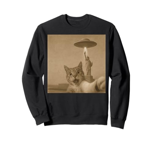 Schockiertes Katzen-Selfie mit UFOs, lustige Katze, Alien, Damen, Herren, Kinder Sweatshirt von Cat Alien Meme Gift for Women Men and Kids
