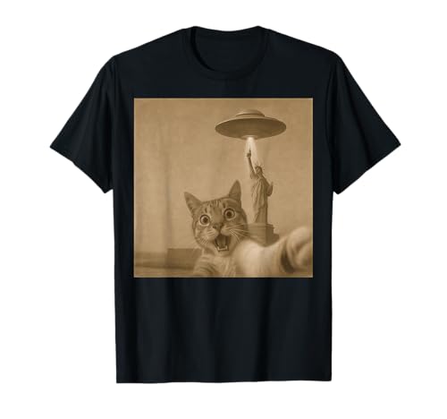 Schockiertes Katzen-Selfie mit UFOs, lustige Katze, Alien, Damen, Herren, Kinder T-Shirt von Cat Alien Meme Gift for Women Men and Kids