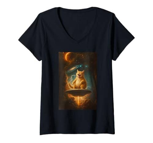Damen Lustiger Weltraum, Katze UFO Alien, Abduktion Astronaut Design T-Shirt mit V-Ausschnitt Damen Lustiger Weltraum, Katze UFO Alien, Abduktion Astronaut Design T-Shirt mit V-Ausschnitt von Cat Apparel for Cosmic Cat
