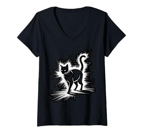 Damen Schwarze Katzenkunst T-Shirt mit V-Ausschnitt Damen Schwarze Katzenkunst T-Shirt mit V-Ausschnitt von Cat Art
