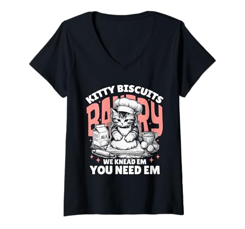 Damen Kitty Biscuits Bakery Lustige Katzenliebhaber & Bäcker Lustig T-Shirt mit V-Ausschnitt von Cat Bakery Tees
