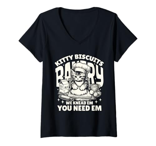 Damen Kitty Biscuits Bakery Lustiger Katzenliebhaber für Herren, Damen und Kinder T-Shirt mit V-Ausschnitt von Cat Bakery Tees