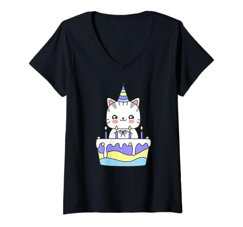 Damen Katzen-Geburtstagstorte - Lustiger Geburtstag T-Shirt mit V-Ausschnitt Damen Katzen-Geburtstagstorte - Lustiger Geburtstag T-Shirt mit V-Ausschnitt von Cat Birthday Cake