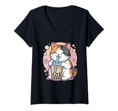 Damen Cute Bubble Tea Kawaii Calico Cat Boba Tea T-Shirt mit V-Ausschnitt Damen Cute Bubble Tea Kawaii Calico Cat Boba Tea T-Shirt mit V-Ausschnitt von Cat Boba Tea Bubble Tea Anime Kawaii Neko