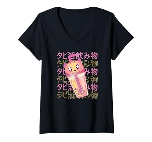 Damen Cat Boba Tea - Lustige Katze T-Shirt mit V-Ausschnitt von Cat Boba Tea