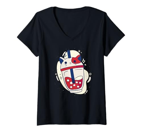 Damen Cat Boba Tea - Lustige Katze T-Shirt mit V-Ausschnitt Damen Cat Boba Tea - Lustige Katze T-Shirt mit V-Ausschnitt von Cat Boba Tea