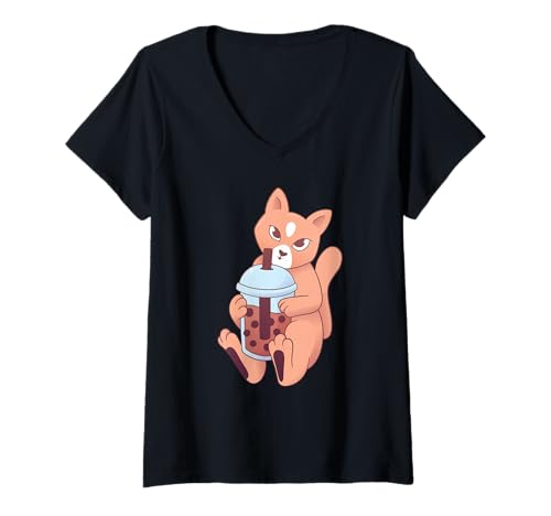 Damen Cat Boba Tea - Lustige Katze T-Shirt mit V-Ausschnitt von Cat Boba Tea