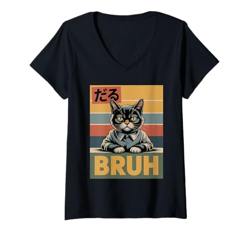 Damen Lustige Bruh Katze Meme Fun Kids Teens T-Shirt mit V-Ausschnitt von Cat Bruh Shirt Meme Cat