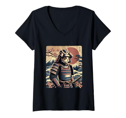 Damen Samurai-Katzenkrieger inmitten der Kirschblüten Edo-Periode T-Shirt mit V-Ausschnitt Damen Samurai-Katzenkrieger inmitten der Kirschblüten Edo-Periode T-Shirt mit V-Ausschnitt von Cat Bushido Designs