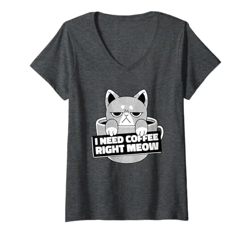 Damen Ich Brauche Kaffee Right Meow T-Shirt mit V-Ausschnitt Damen Ich Brauche Kaffee Right Meow T-Shirt mit V-Ausschnitt von Cat Caffeine Mood
