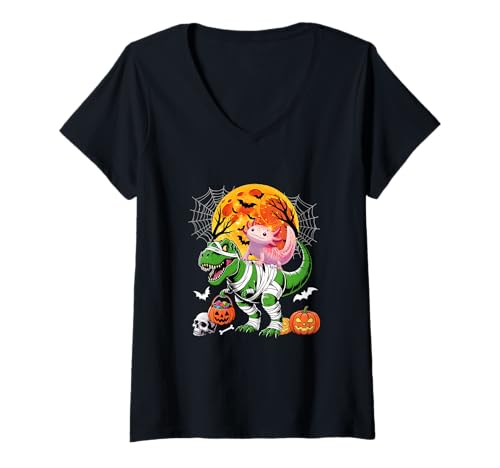 Damen Axolotl Riding T-Rex Cosplay Mummy Halloween Costume Kids T-Shirt mit V-Ausschnitt von Cat Christmas Costume