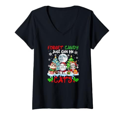 Damen Forget Candy Just Give Me Cats Xmas Santa Elf Reindeer T-Shirt mit V-Ausschnitt Damen Forget Candy Just Give Me Cats Xmas Santa Elf Reindeer T-Shirt mit V-Ausschnitt von Cat Christmas Costume