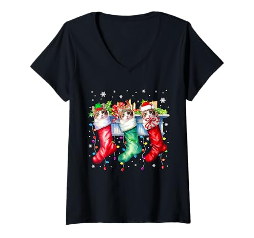 Damen Three Santa Reindeer Elf Munchkin Cats In Christmas Socks T-Shirt mit V-Ausschnitt Damen Three Santa Reindeer Elf Munchkin Cats In Christmas Socks T-Shirt mit V-Ausschnitt von Cat Christmas Costume