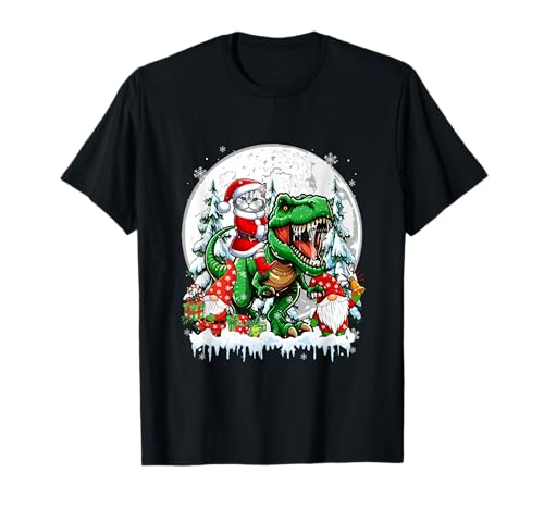 Weihnachtsmann Katze reitet T-Rex Zwerge Weihnachtsbäume Familie Kinder T-Shirt Weihnachtsmann Katze reitet T-Rex Zwerge Weihnachtsbäume Familie Kinder T-Shirt von Cat Christmas Costume