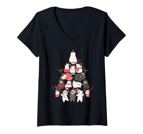 Damen Katze Weihnachtsbaum Weihnachten Katze Xmas Cats Christmas Cat T-Shirt mit V-Ausschnitt Damen Katze Weihnachtsbaum Weihnachten Katze Xmas Cats Christmas Cat T-Shirt mit V-Ausschnitt von Cat Christmas Tree