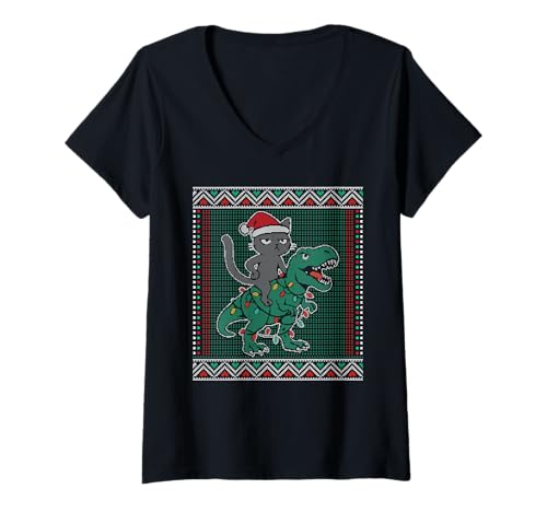 Damen Katze reitet einen Dinosaurier hässlichen Pullover, T Rex Weihnachtslichter T-Shirt mit V-Ausschnitt Damen Katze reitet einen Dinosaurier hässlichen Pullover, T Rex Weihnachtslichter T-Shirt mit V-Ausschnitt von Cat Christmas ugly sweater