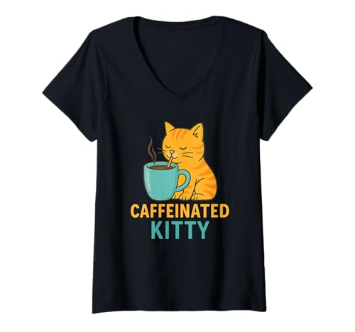 Damen Caffeinated Kitty - Süße Katze trinkt Kaffee T-Shirt mit V-Ausschnitt Damen Caffeinated Kitty - Süße Katze trinkt Kaffee T-Shirt mit V-Ausschnitt von Cat Coffee Design Co.