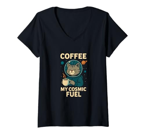 Damen Lustige Katze Kaffee Weltraum Kosmischer Humor T-Shirt mit V-Ausschnitt Damen Lustige Katze Kaffee Weltraum Kosmischer Humor T-Shirt mit V-Ausschnitt von Cat Coffee Space Humor Lifestyle Apparel Co.