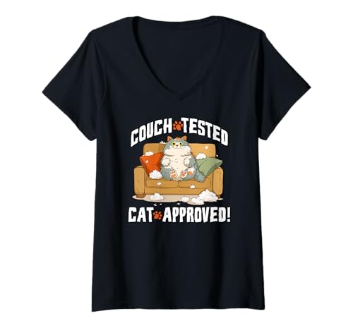 Damen Couch tested cat approved T-Shirt mit V-Ausschnitt von Cat Couch Tested Approved Cats Kitten Feline